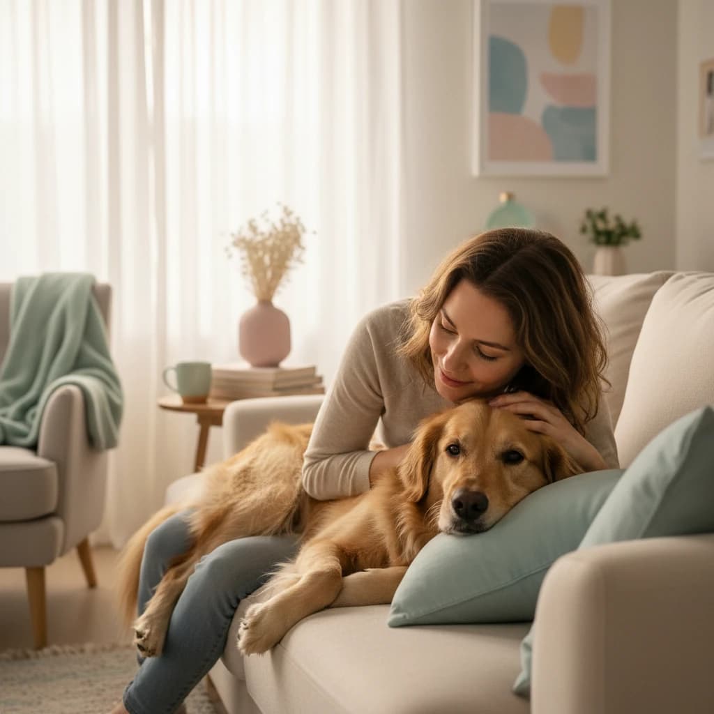 Person hält ihr Tier beruhigend im Arm